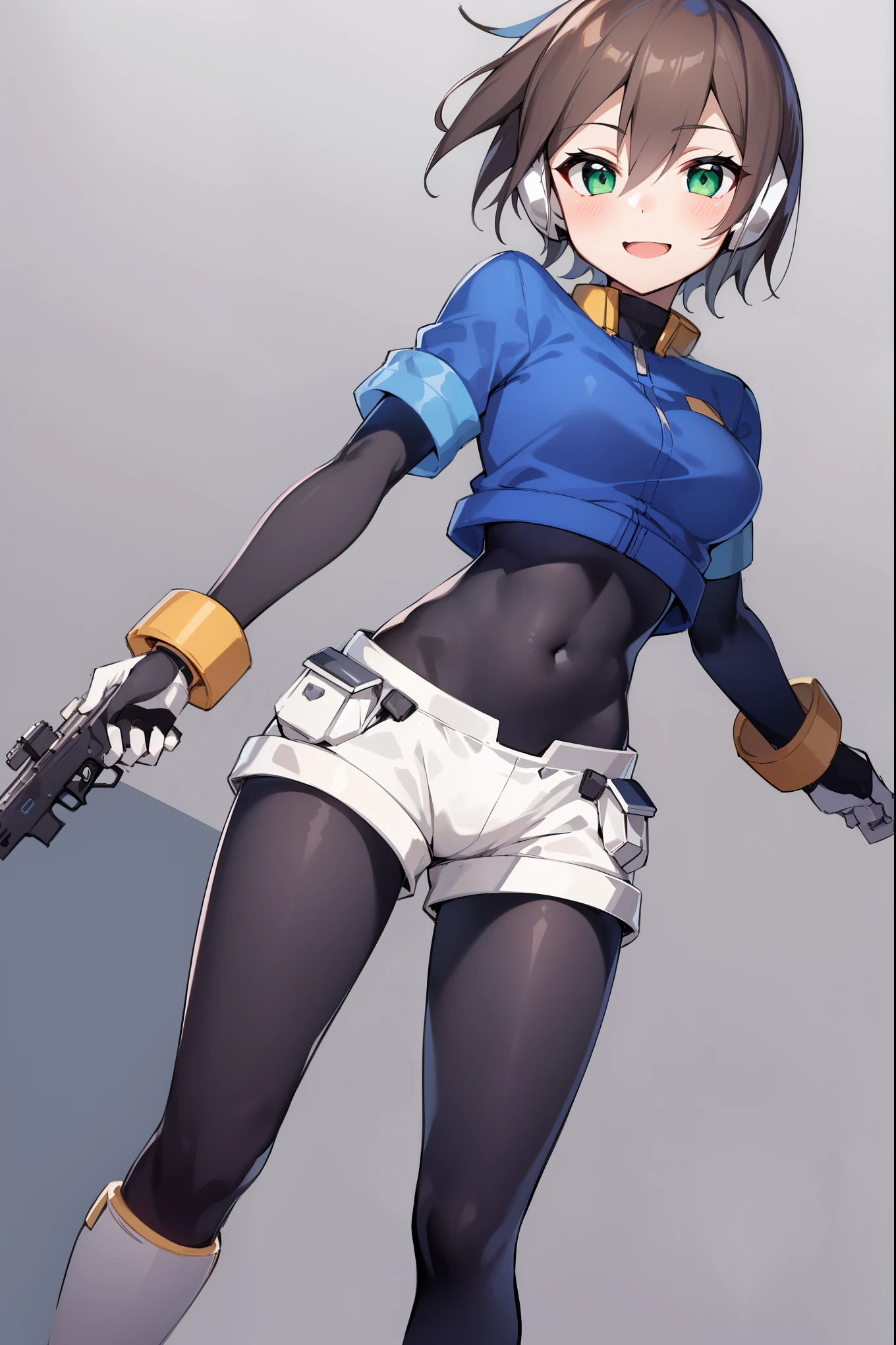 aile_megamanzx,  , 1girl, solo, short hair, brown hair, short sleeves, (bodysuit), robot ears, green eyes, short_shorts, short sleeves, short over long sleeves, smile, in futuristic city, , high quality, medium_breasts,crotch, slouch,handgun,