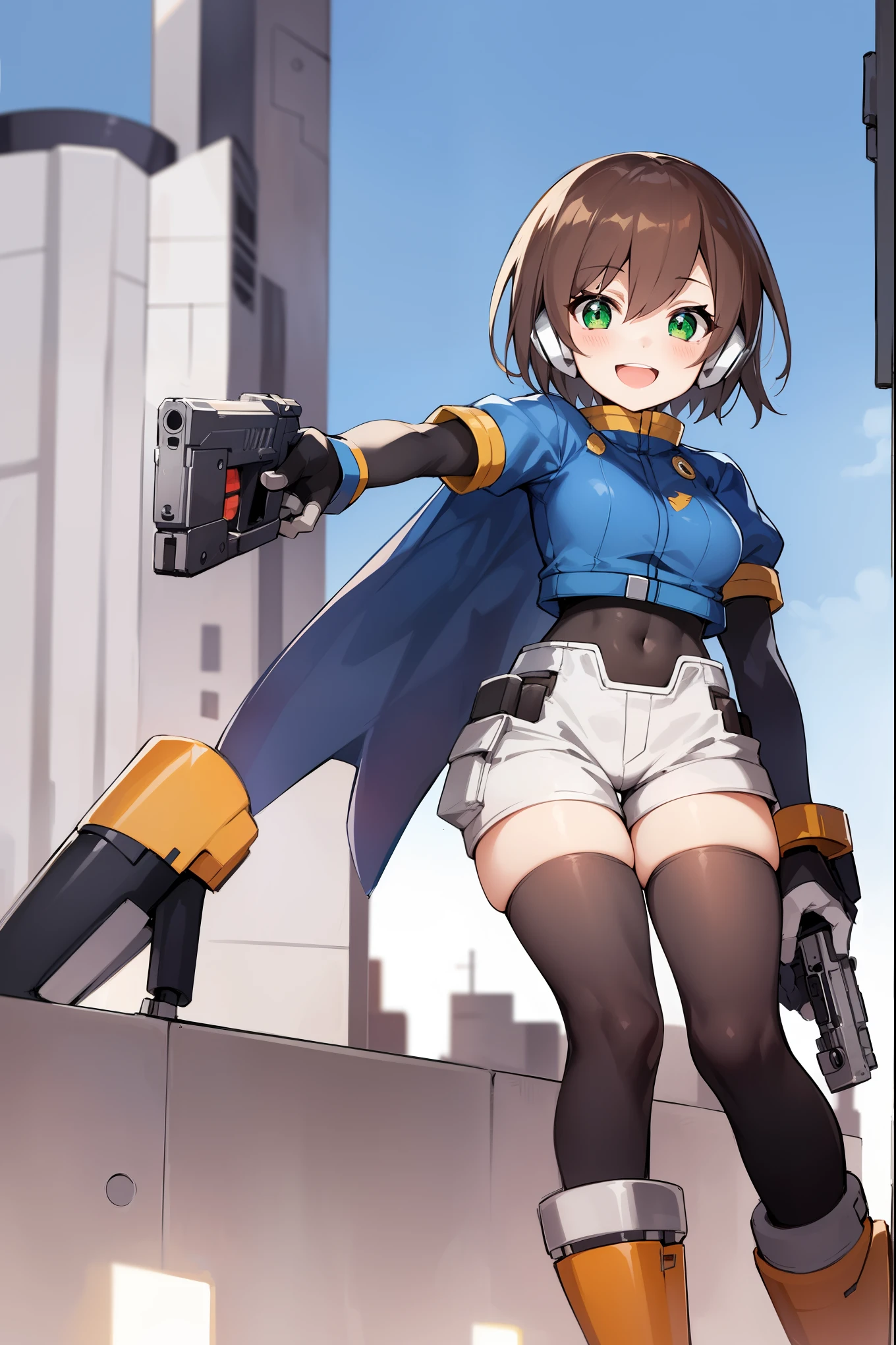 aile_megamanzx,  , 1girl, solo, short hair, brown hair, short sleeves, (bodysuit), robot ears, green eyes, short_shorts, short sleeves, short over long sleeves, smile, in futuristic city, , high quality, medium_breasts,crotch, slouch,handgun,