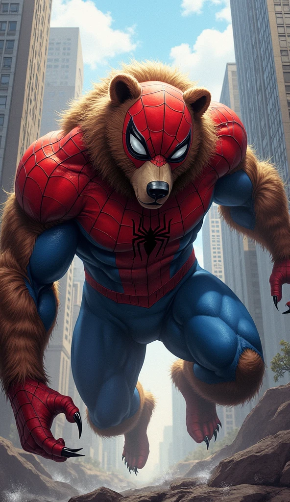 solo, german shepherd, overweight, wearing red and blue spiderman, spiderman spandex costume, classic spiderman suit print, unmasked, no masked, full body view, frontal shot, at top of building rooftop, by darkgem by chunie by juiceps, digital art, comic art style
