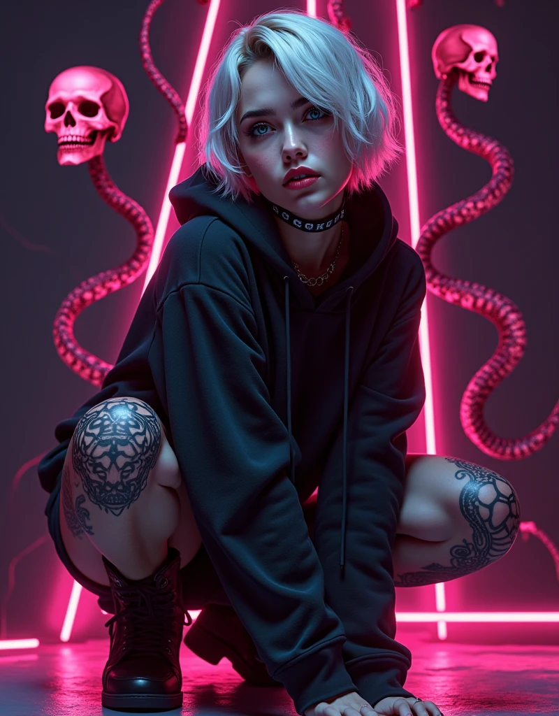 Create an ultra-realistic, surreal portrait of a seductive femme fatale crouching low, with an athletic, muscular body in a bold, confident pose. She wears an oversized hoodie with a deep neckline, revealing her curves. Her messy platinum blonde bob frames her face, with intense, smudged makeup and piercing light-blue eyes.

Intricate pink skull and serpent tattoos wrap her body, blending with her skin. Neon outlines highlight her silhouette against a dark, minimal background with abstract shapes, pink skulls, and twisting serpents. High-contrast shadows and glowing neon accents evoke a cyberpunk, pop-surrealism vibe. Capture the texture of her skin, lips, and hoodie with sharp focus, HD quality, and beautiful lighting.