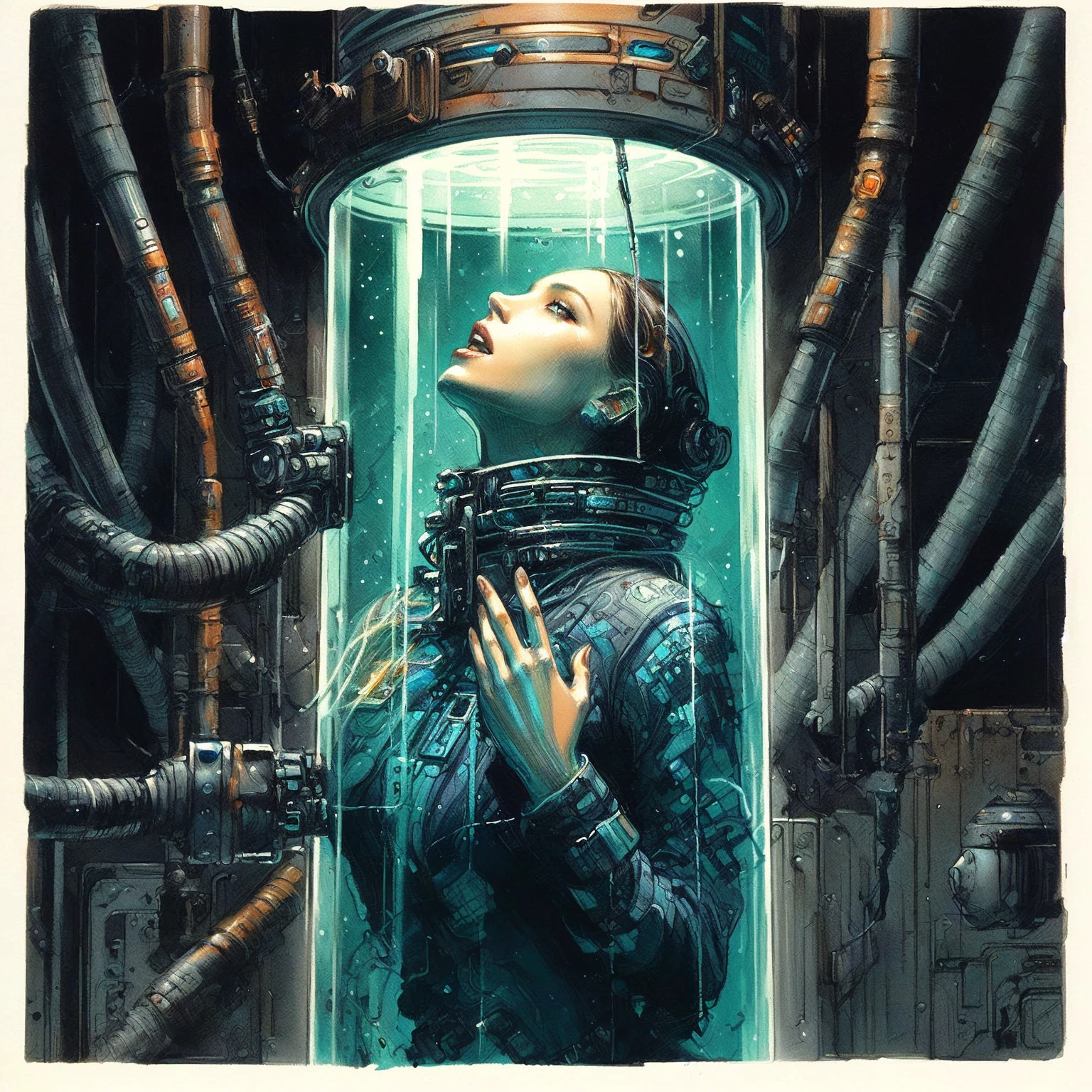 arafed image of a woman in a space suit in a glass container, open mouth, wide eyes, dan mumford tom bagshaw, sci - fi illustrations, sci-fi illustrations, sci-fi horror artwork, sci - fi horror art, inspired by Aleksi Briclot, greg beeple, josan gonzales and dan mumford, sci-fi illustration, sci - fi illustration