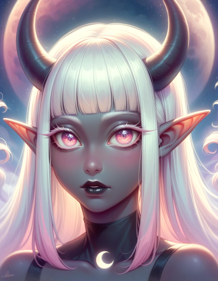 ((Masterpiece)), ((highres)), ((1person)), Random poses, beautifully detailed succubus girl, ((pastel moon background)), long white hair, defined elf ears with ear guages, defined eyes, pastel iris, long eye lashes, defined nose, black lipstick, (((Black skin))), black demon horns, breasts, night sky, pastel gothic style, gothic style art, gothic asthetic, full body shot