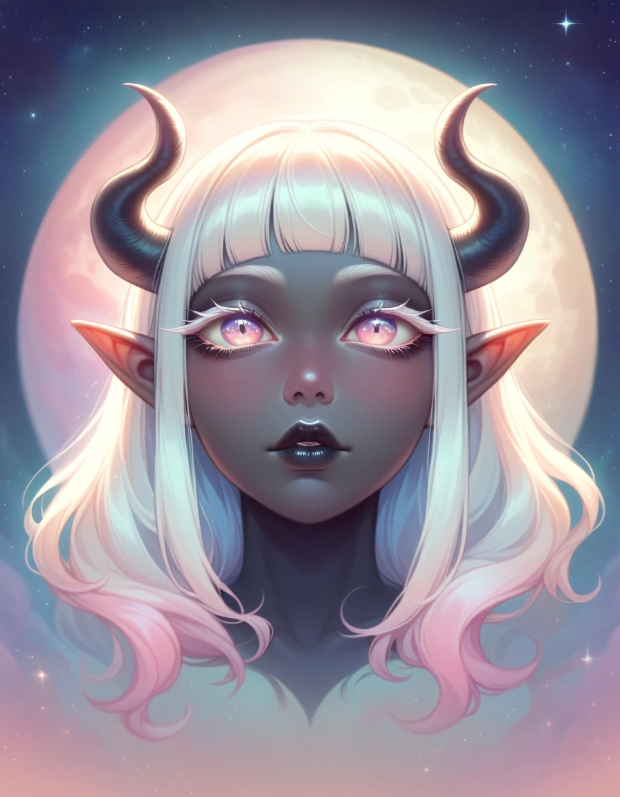 ((Masterpiece)), ((highres)), ((1person)), Random poses, beautifully detailed succubus girl, ((pastel moon background)), long white hair, defined elf ears with ear guages, defined eyes, pastel iris, long eye lashes, defined nose, black lipstick, (((Black skin))), black demon horns, breasts, night sky, pastel gothic style, gothic style art, gothic asthetic, ((full body shot))