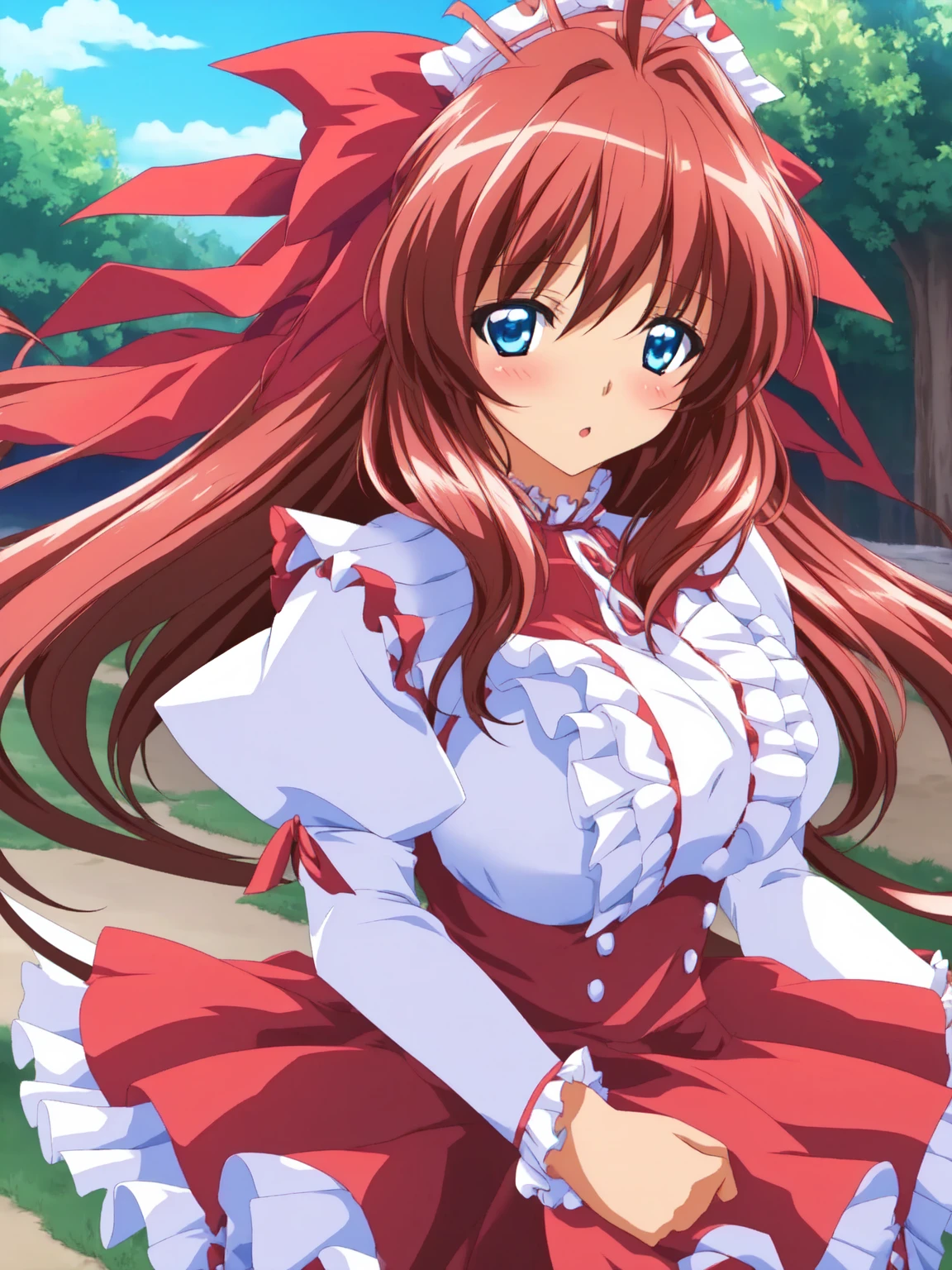 Anime illustration, ,Kanzaki_Aoi, 1girl, solo, long hair, brown hair, blue eyes, large breasts, red hair ribbon, break, ((frill queen costume:1.3)), outdoor,