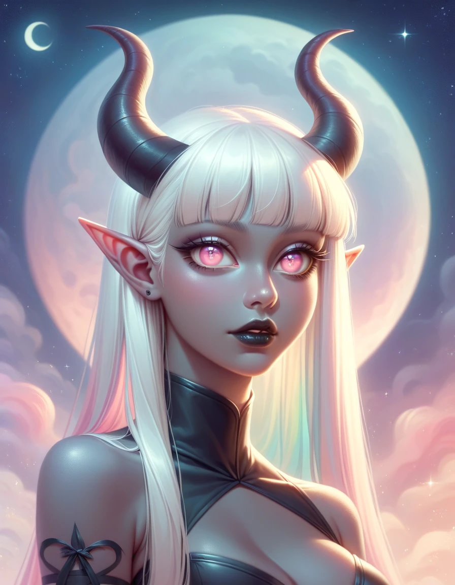 ((Masterpiece)), ((highres)), ((1person)), Random poses, beautifully detailed succubus girl, ((pastel moon background)), long white hair, defined elf ears with ear guages, defined eyes, pastel iris, long eye lashes, defined nose, black lipstick, (((Black skin))), black demon horns, breasts, night sky, pastel gothic style, gothic style art, gothic asthetic