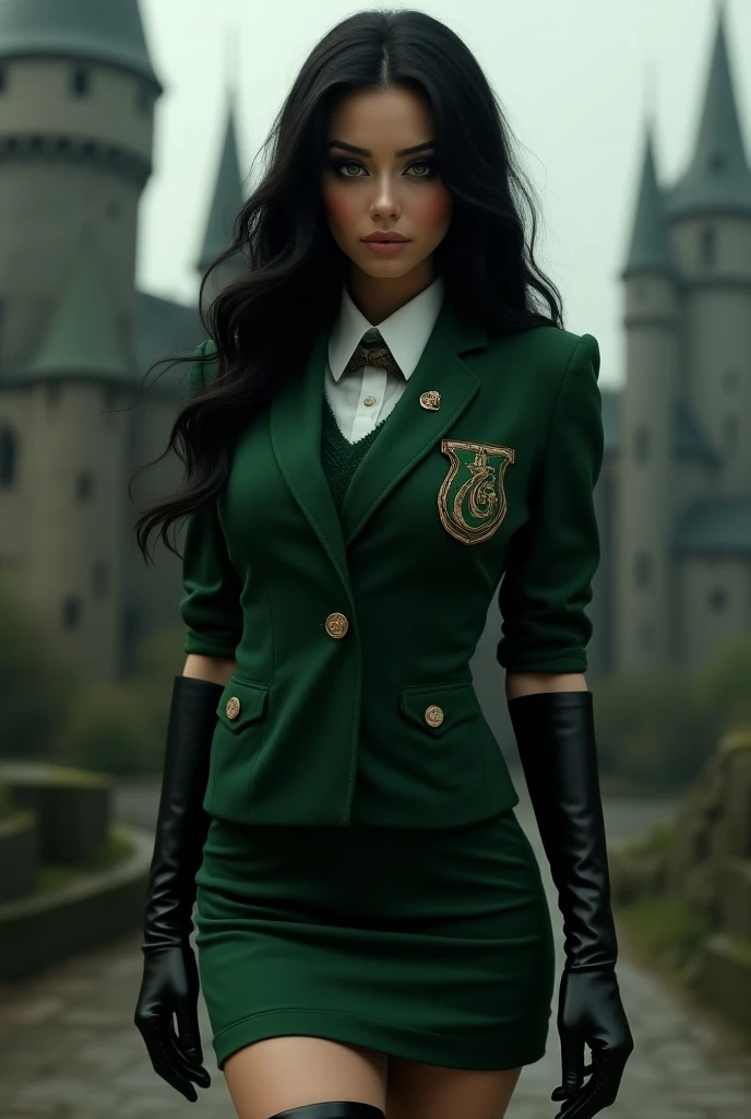 photorealistic, high resolution, 1women, mature female, solo, hips up, look at viewer, (detailed face), Hogwarts uniform, hogsks, slytherin