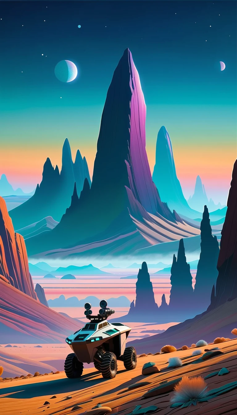 An extraterrestrial landscape under a twilight sky, featuring jagged crystalline rock formations and vast, open plains with faint trails of alien flora glowing softly. A sleek exploration rover stands in the foreground, its metallic surface reflecting the eerie light of multiple moons and distant stars. The scene is rendered in a surreal, hyper-realistic style inspired by sci-fi illustration and the work of John Harris, capturing a blend of mystery and awe. Colors are cool, with shades of teal, purple, and silver, creating an otherworldly atmosphere, while sharp, detailed textures emphasize the alien terrain. Mist rolls through the valleys, adding depth, with scattered, faintly luminescent fog. vivid colors,bokeh,fantasy,dark,dramatic, many spacehips