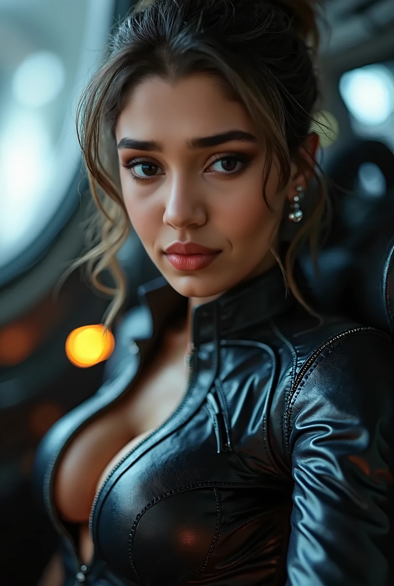 (Photorealsitic:1.4)、female、45 year old、Soryu Asuka Langley、Eva Unit 2 pilot、Colossal 、extremely busty,A slender、((((Wearing a gray pilot suit))、top-quality、extremely delicate and beautiful、high resolution、beautiful illuminating、1girl in、tall philanthropist、Earth Eye、Brown hair、(So real that you can mistake it for a photo)、illuminating the face、illuminating、face perfect、(Ultra-detailed eyesnose-mouth-tongue)、sexypose、illuminating the face、(Draw the whole body)、face perfect、space station,, upper body, cowboy shot