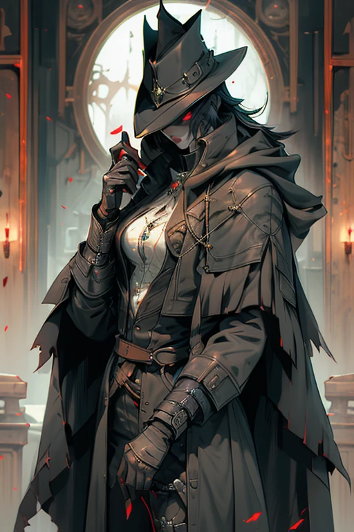 female vampire, with very long dark hair, dressed in tight black leather with a long black, hooded cloak with scarlet lining, steampunk style