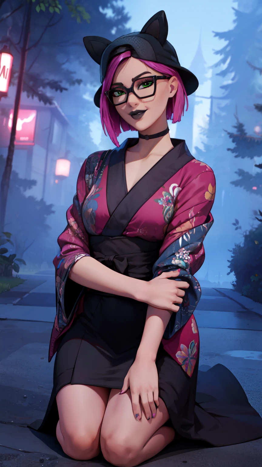 1 girl, black lips, choker, (masterpiece) Night (forest Night) (best quality) gaming ,(alone), looking at viewer, high detailed, extremely detailed, fine green eyes, Kneeling, mischievous smile , short pink hair, cap,glasses ,(Kimono)