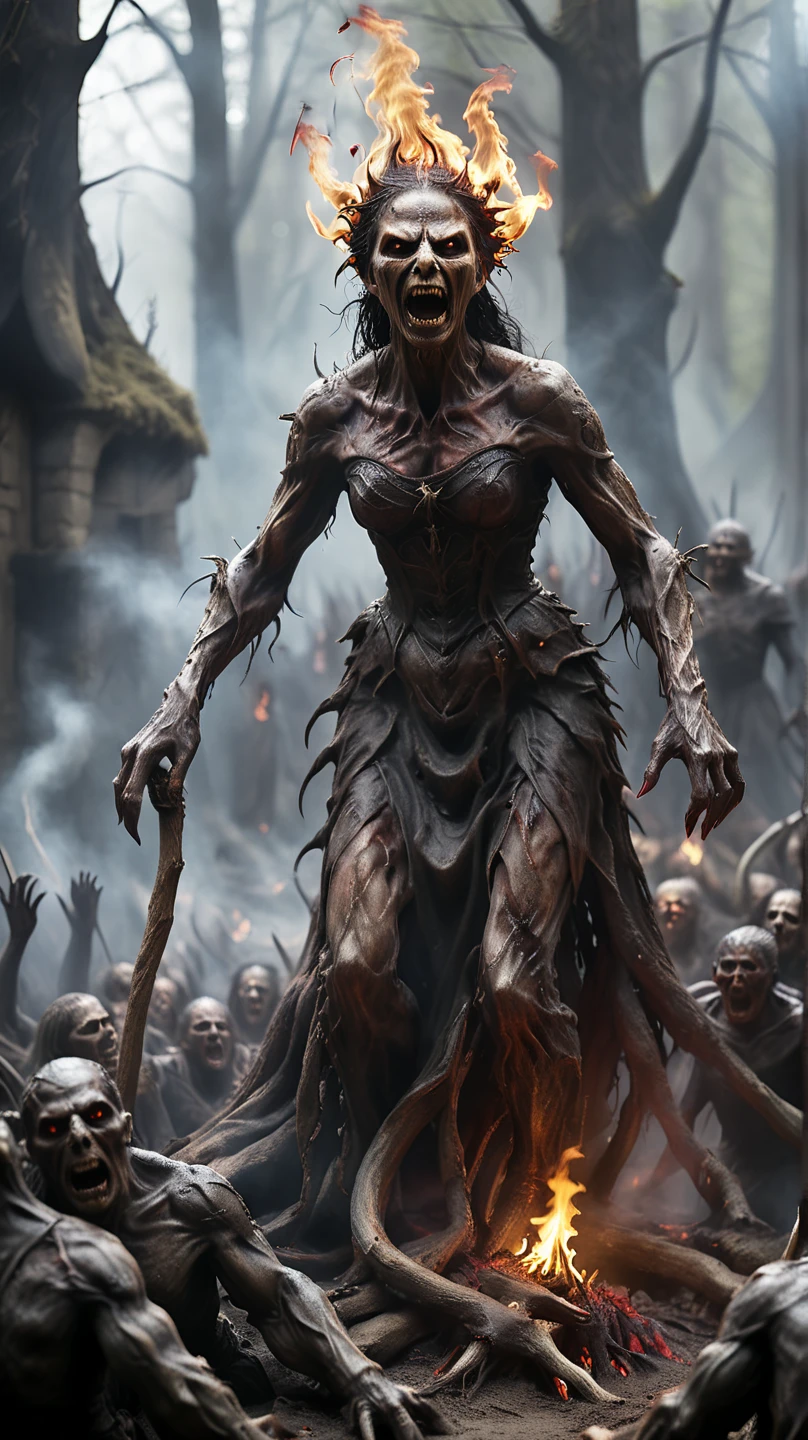 A witch burned alive at the stake, laughing maniacally as flames engulf her. The fire consumes her body, but the flames also twist and transform into terrifying, monstrous figures. In the background, terrified onlookers watch the scene, unaware of the looming threat as beasts and demons silently circle around them, their presence a foreboding sign of imminent death. The entire scene is inspired by Dante Alighieri's Inferno, the first part of The Divine Comedy, where the damned are eternally trapped in their suffering, reflecting the human struggle between sin, justice, and divine judgment.