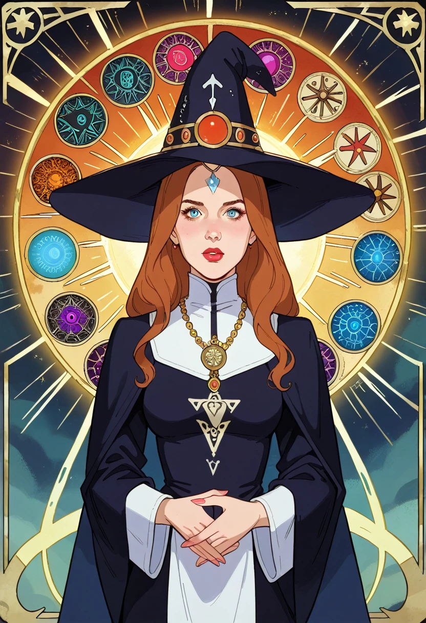 A black and gold tarot card，A high resolution, create a scene that depicts a modern-day witch who has embraced the world of cybernetics to enhance her magical abilities. The artwork should convey the enchanting blend of traditional witchcraft and futuristic technology. Here are some specific elements to include: The Witch's Lair: The setting should be a cozy yet slightly eerie room, filled with magical books, crystal balls, potion ingredients, and antique furnishings. The room should be dimly lit by candles and a soft, mystical glow emanating from her cybernetic enhancements. The Cyborg Witch: The central focus of the artwork is the witch herself. She's a striking figure with a mix of traditional witch attire and cybernetic enhancements. Her clothing should have a witchy, occult aesthetic, with flowing robes, a pointed hat, and an intricate pentagram necklace. Her arms, however, have been upgraded with cybernetic components that incorporate magical symbols and glowing runes. Magical Interface: The witch is in the midst of casting a spell, with a holographic, touch-screen interface floating before her. This interface includes spell incantations, arcane symbols, and digital components, demonstrating her fusion of magic and technology. Spell Ingredients: On a nearby table, there should be a collection of spell ingredients, like herbs, potions, and magical artifacts. S Tarot cards, tarot card goddess of death, symmetrical tarot illustration, Tarot card style, Girl Tarot cards, Tarot Maiden，The girl prayed with her hands together，looks at the viewer, Golden Sun Illustration Art Poster - Mystical Sun and Flower Botanical Wall Art