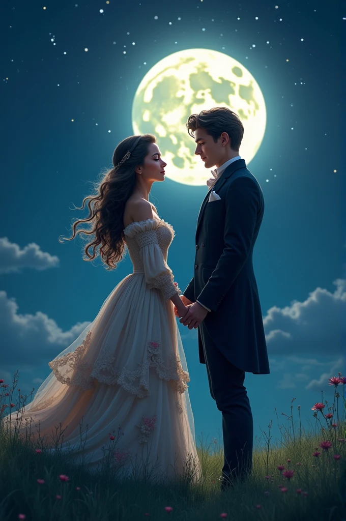 a couple standing in a park at night under a full moon, kissing, boy taller than girl, pixar style disney poster, (best quality,4k,8k,highres,masterpiece:1.2),ultra-detailed,(realistic,photorealistic,photo-realistic:1.37),beautiful detailed eyes,beautiful detailed lips,extremely detailed eyes and face,longeyelashes,detailed romantic night park scene,romantic moonlight lighting,vibrant colors,whimsical,warm colors,disney-like illustration