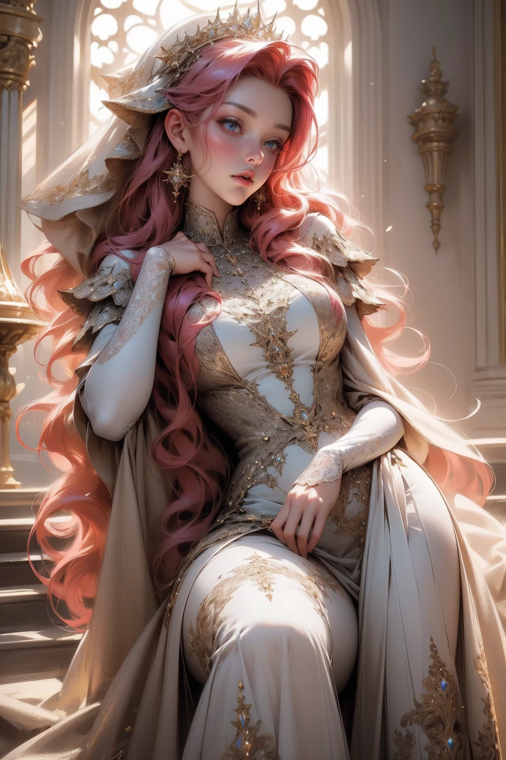 a beauti,Pink Long Hair,Big waves,Smirking,haughty,inside in room,Villas,lots of people,ultra-low perspective,arms folded,
