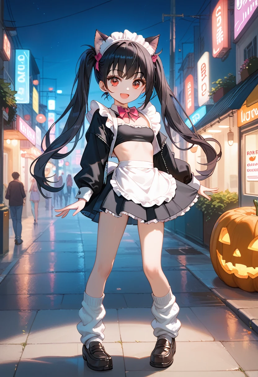 Score_9,Score_8_up,Score_7_up,highest quality anime,,masterpiece,1 girl,slim,small breasts,(Ideal slender proportions),(black_long_hair,straight_bangs,maid costume,cat ears,loose socks,loafers),happy Halloween nightgirl\(cute, kawaii, age of 12,evil smile,black hair,long hair,twin tails hair,pale skin, skin color blue, red eyes, eyes shining,big eyes,breast,punk fashion,ripped clothes,tight tube top,tight hot pants,stomach shown,ripped black short jacket,fluffy black cat-ear,dynamic pose,spiral eyes,bang\),background\(outside, noisy city, backstreet, narrow street, neon lights, at night\)