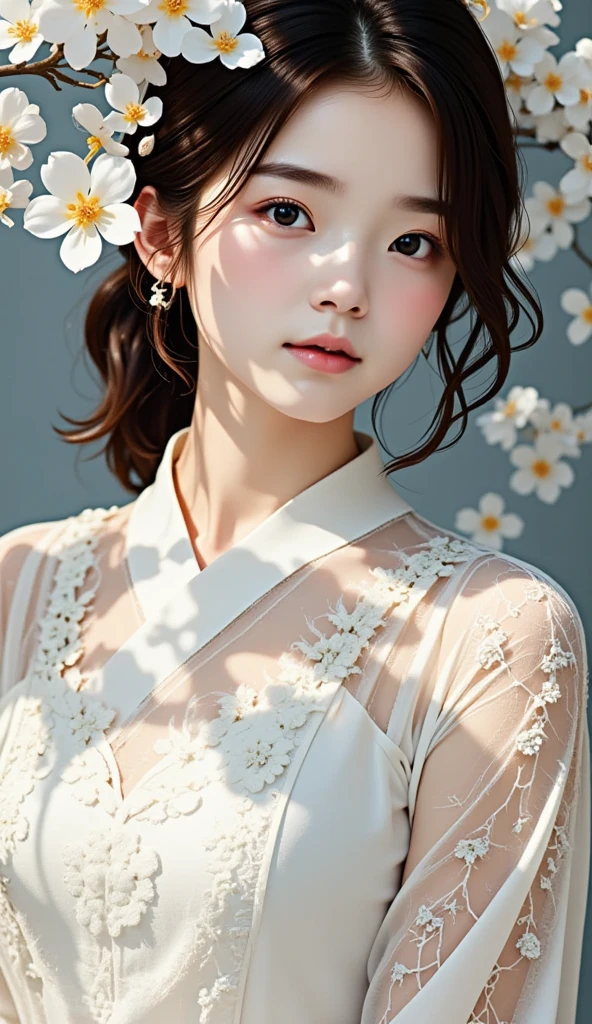 Beautiful woman、 Hatsune Miku、Floral arrangement、Wabi-sabi art、かわいいface、 very detailed_face_eye、 very detailedなface、 white dress、black、gray、Light blue shades、parchment、抽象的Floral arrangement、Three big flowers、 Dreamy Art 、silence、 wallpaper、Best Quality、masterpiece、 Hi-Res、８ｋ