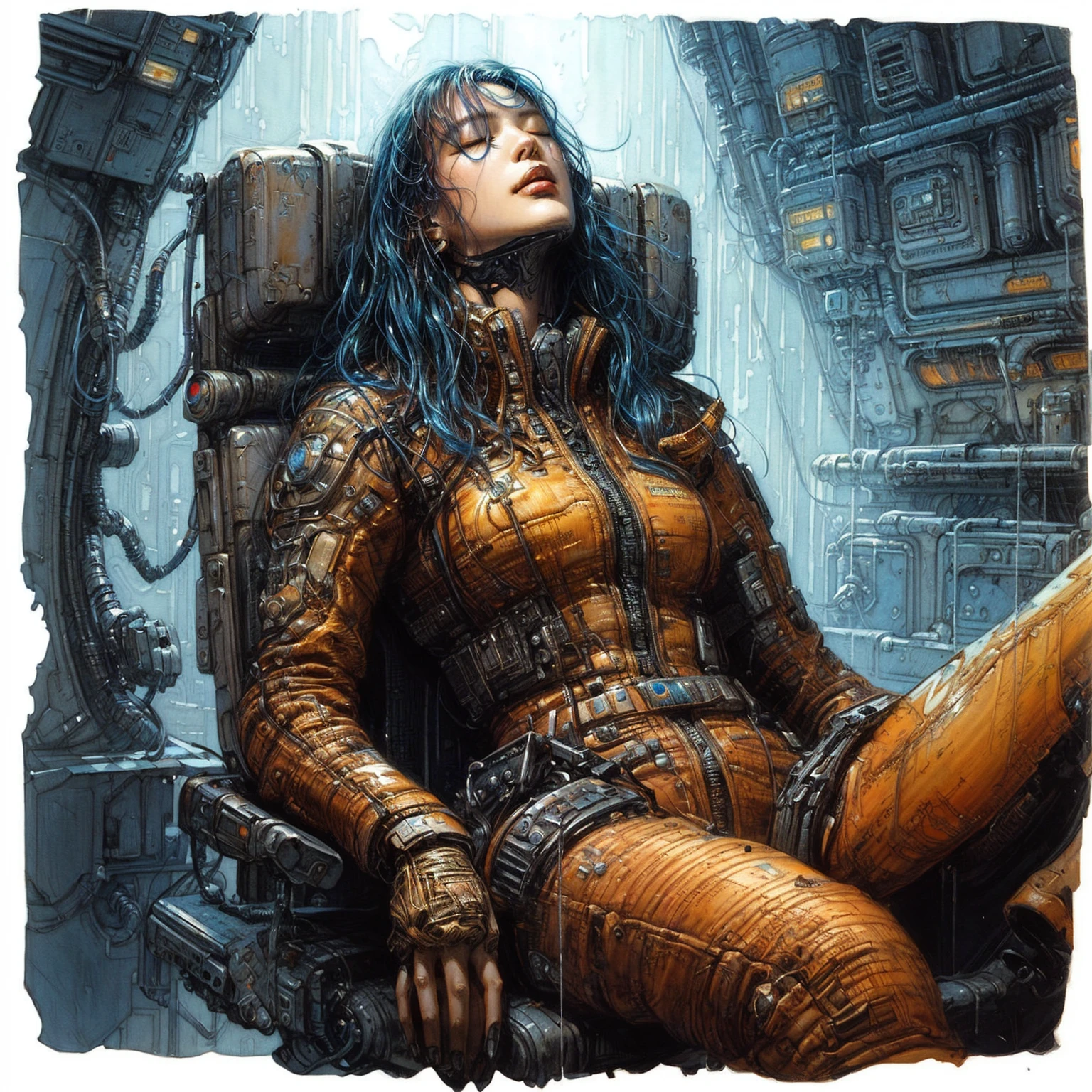 arafed woman sitting in a chair in a sci - fi environment, eyes closed, sleeping, scifi woman, detailed sci-fi art, sci fi art, portrait of a sci - fi woman, beautiful female neuromancer, drew struzan illustration art, sci - fi illustrations, sci-fi illustrations, enki bilal style, sci-fi art, sci - fi art