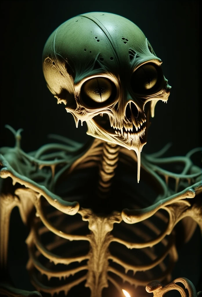 ((masterpiece)) ((photography)) ((Highest quality)) A hyper-detailed skeletal creature with a human structure, covered in intricate, ornate carvings across each bone. ((The bones are slick with a dark green, viscous substance dripping from the joints and crevices)), giving a ((raw, unsettling look)). The skull is decorated with baroque-style engravings, but with patches of decaying flesh clinging to it, oozing blood and slime. The ribcage and limbs show exposed muscle strands intertwined with the carved bones, adding a gory, horror-filled effect. The background is dimly lit with flickering candlelight, casting eerie shadows and highlighting the grotesque mix of elegance and decay.