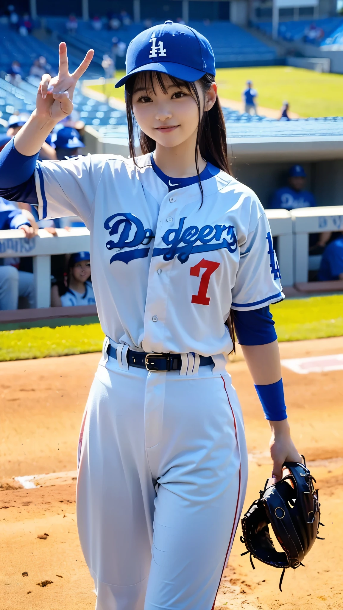Best Quality,masterpiece, super high definition, highdefinition RAW color photo, professional photography, natural skin texture, fine skin, hyperrealism , Japanese Female,(smile,Laugh happily,gigantic breasts, long hair),(((Watching baseball,Dodger Stadium, Dodgers uniform,Number 17 Ohtani ))))