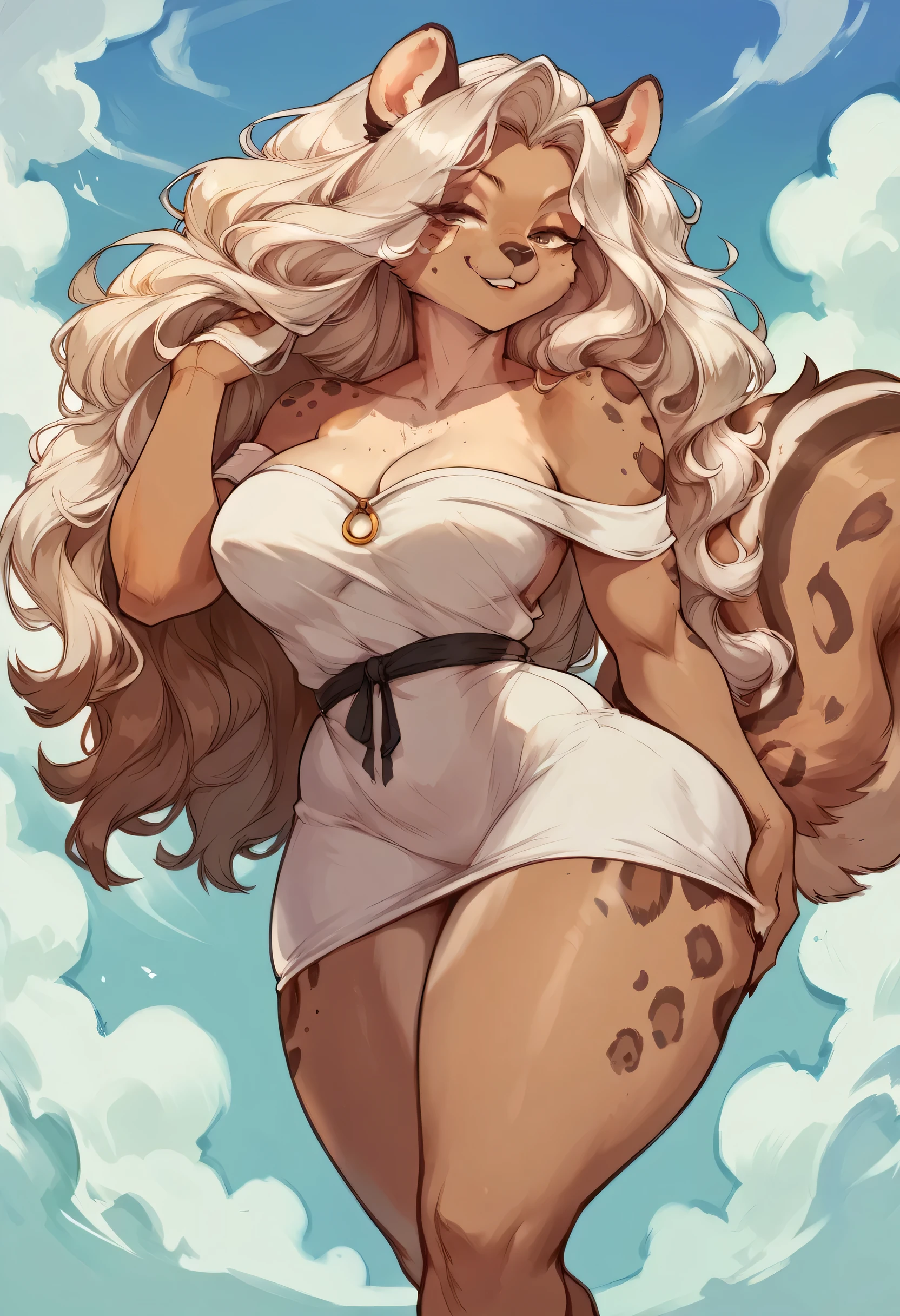 female anthro Snow leopard,Brown long fluffy hair, fluffy hair, squirrel ears, hyena, big breasts, attractive, summer dress, thicc body, thicc body, thicc, freckles, freckles on face, neutral expression, smug eyes, she is standing (thick thighs:1.5) focus on butt,