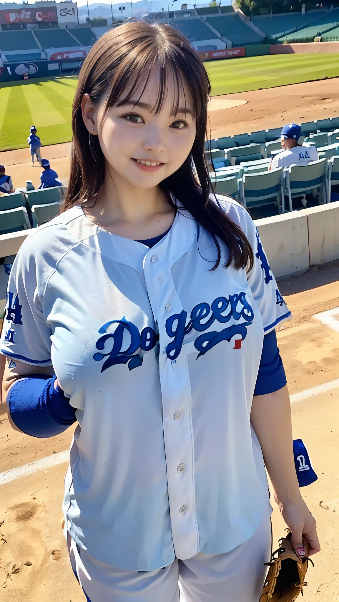 Best Quality,masterpiece, super high definition, highdefinition RAW color photo, professional photography, natural skin texture, fine skin, hyperrealism , Japanese Female,(smile,Laugh happily,gigantic breasts, long hair),(((Watching baseball,Dodger Stadium, Dodgers uniform,17 Ohtani))))