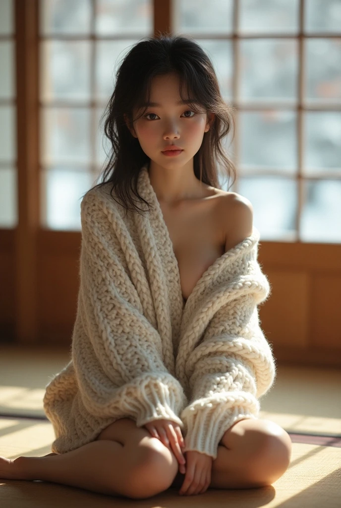 masterpiece, Highest quality, 8K, 20th generation, cute, alone, sad, cute, girly, Delicate girl, Pure beauty, RAW Photos, Professional photography, Portraiture, Soft Light, Professional Lighting, Backlight, Head to Knee, avert your eyes, Sophisticated, Film Grain, (Eye and facial details:1.0), floating short hair, beautiful, Flowing Hair, bangs, (A loose cardigan(beige))、Micro Mini Skirt、Voluptuous thighs、dolly make、Colored contact lenses、One eye is green、(((Nipples are visible))),(Small areola)、The other has blue eyes