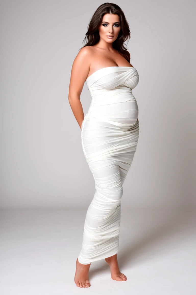 realistic full body image of sexy tiny short small pixie-cut bobbed haired, Sarah Hyland, pregnant voluptuous curvaceous thick buxom with massive curves. weaing see-through cropped fishnet wedding teddy. standing at alter
