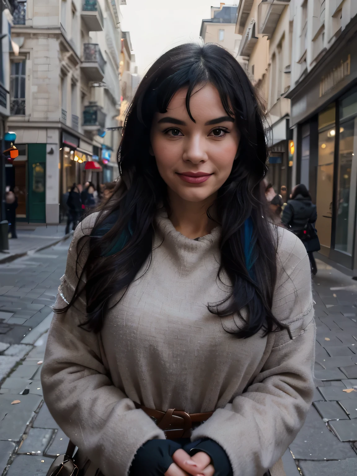 proFessional portrait photograph oF a gorgeous smiling  with the camera Bettie page in winter clothing with long wavy black ponytail hair, sultry Flirty look, gorgeous symmetrical Face, joli maquillage naturel, wearing black gloves and a elegant warm winter Fashion clothing, ((debout dehors dans une rue enneigée de la ville)), superbe environnement urbain moderne, ultra realistic, art conceptuel, elegant, Very detailed, complexe, sharp Focus, depth oF Field, F/1. 8, 85mm, Coup moyen, midplane, (((proFessionally color graded))), bright soFt diFFused light, (volumetric Fog), tendance sur Instagram, hdr 4k, 8K