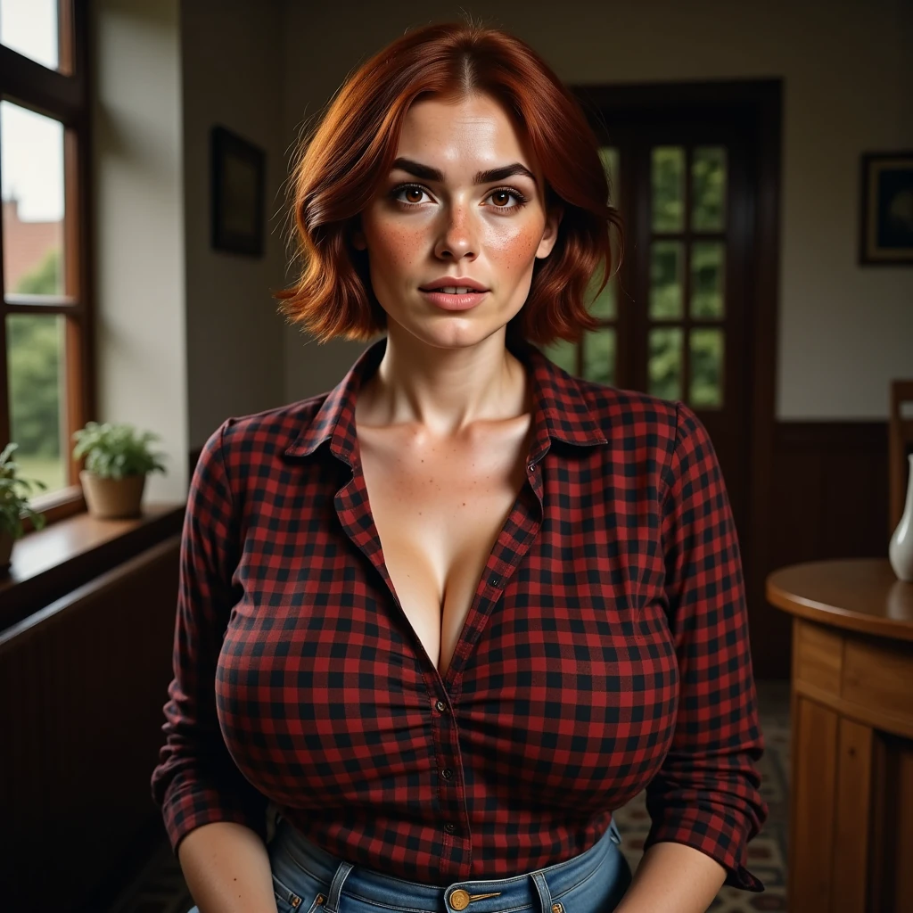 Photorealistic, cinematic style, a picture of a beautiful British woman looking straight in the camera. (Dynamic expression), She's in love. Wearing a black red gingham blouse, jeans. She's got brown eyes, downturned eye shape, light skin and freckles, brownish-red hair, shag hairstyle. perfect hand,HDR, intricate details. 