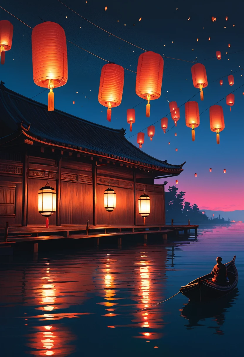 Traditional New Year's lantern festival in an East Asian hometown, river with floating lanterns, silhouette of mountains in the background, full moon, families gathering, (traditional attire:1.2) (soft ambient light) (colorful lantern glow) (serene atmosphere) (4k resolution)