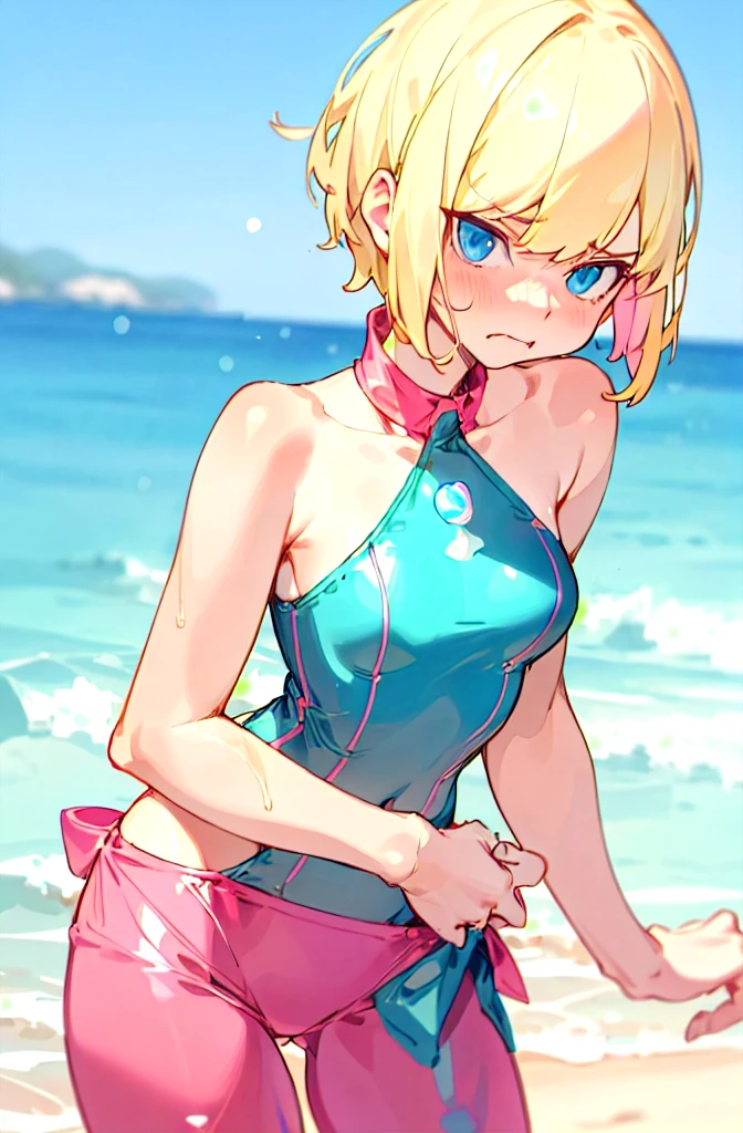    1 girl,    blanking as desired   ,    blonde short cut   ,    blue eyes, dark pink green pearl metallic swimsuit, stylish adult woman with very small breasts ,  ahe face,   T-back  , Awkward, Frowning ,   blanking as desire ,  Biting your lip,   character portrait ,Wide leg,Background sandy beach,Sporty competitive swimwear