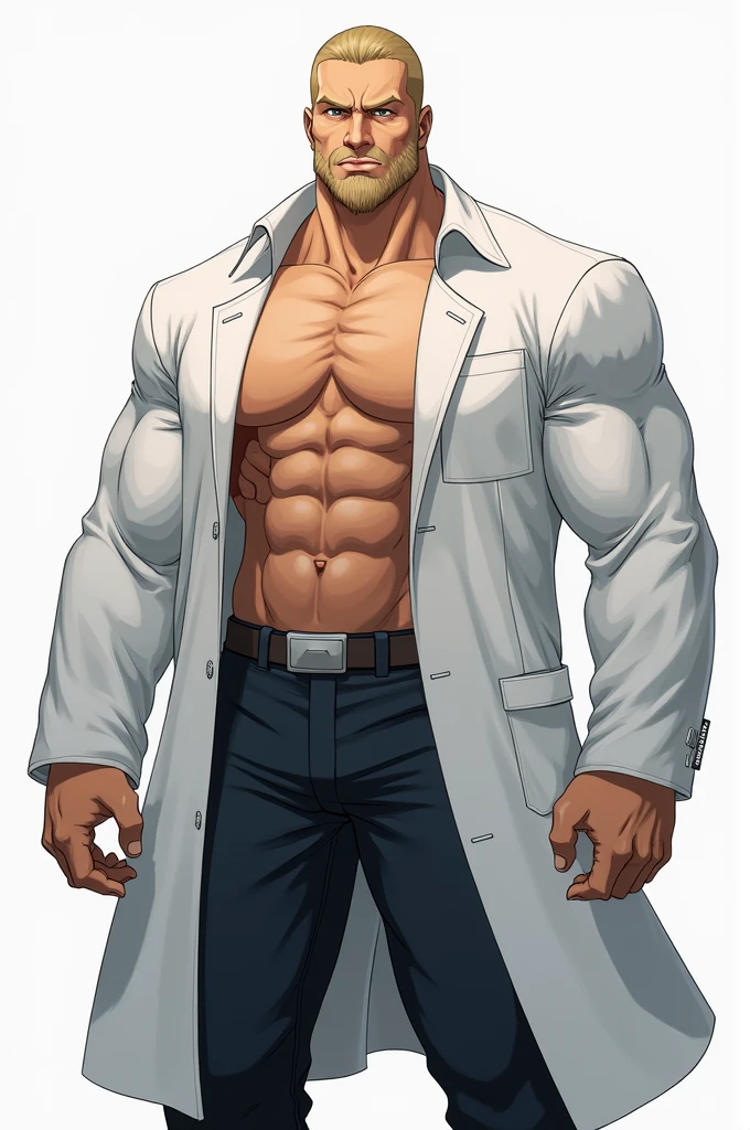 Several characters on the scene (a doctor, several muscular men). A doctor, exaggeratedly muscular, black and white hair, black eyes, scars across his mouth, swollen lips, masculine face, maniacal smile, obscene expression, sweaty, oily skin, huge chest, muscular thighs, huge biceps, wearing a white medical coat, rectangular glasses, black dress pants (fitting), black dress shoes. The doctor is in a dirty asylum (walls stained red), with several Zombies (muscular) men, ????? backs, obscene expressions, caressing themselves in a sexy way.