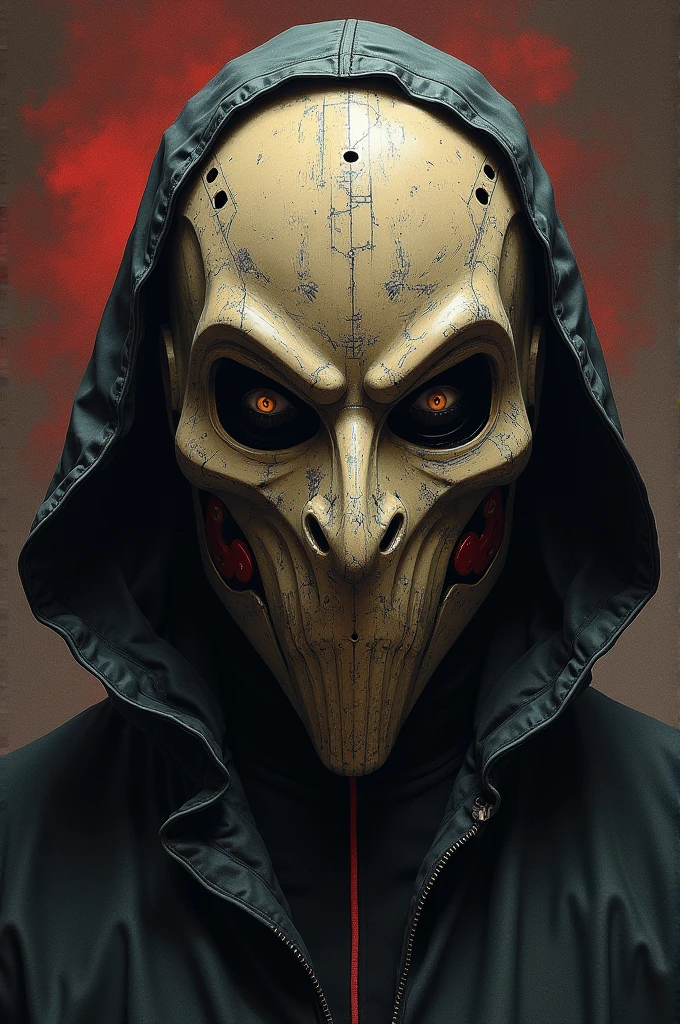 A masked villain, em um ambiente horripilante, roupas cultistas religiosas, local sombrio, realista, kinematic, 8k, luz ambiente, horror, terror.