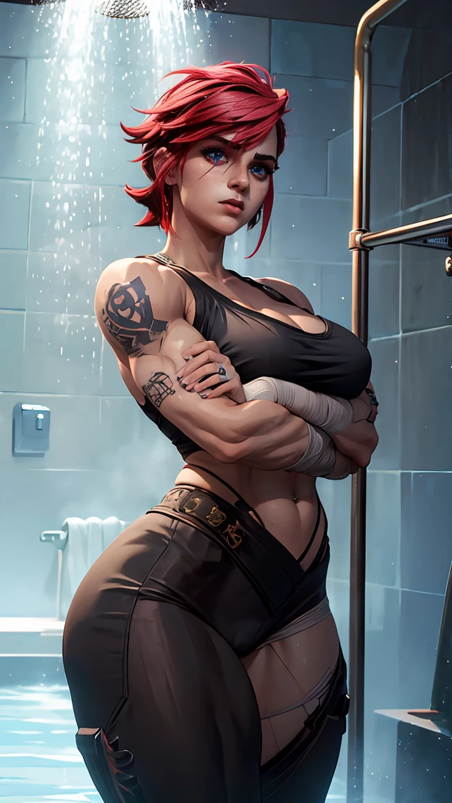 scan, mature, (extremely detailed 8k wallpaper CG unit: 1.1), pretty face and eyes, beautiful blue eyes, Roman tattoo number 4 on her face, (normal brest:0.7) super high resolution, ambient light, (1 girl), Vi is tall, athletic and fair-skinned, ((
white bandage covering the breasts and tight black yoga shorts)) , expressions , nice hands, perfect hands ,Her most notable features are her mechanical augmentation-inspired tattoos all over her back and arms (including a VI tattoo on her left cheek), as well as her natural pink hair. punk hair with bangs going to the right side of the head, ( seductive open smile), very muscular, (big biceps:1.3) , (big arms:1.3), very muscular body , show abs muscle, very strong and defined abs, big muscular arms and biceps, big muscular arms, big muscular biceps,sexy busty muscle girl, sexy eyes,((taking a shower, relaxed face and expression, when water from the shower falls on the body)) , 
water running down the bathroom tiles and strong steam rising, women's bathroom at the police academy, ((water from the shower falling on the body)), steampunk night station police piltovan , at night