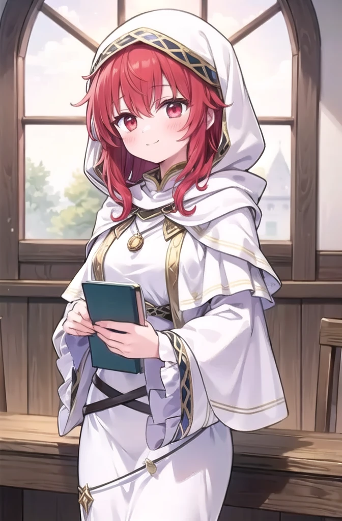 1girl, solo, masterpiece, best quality, perfect hands, smile, blush, closed mouth, lena, white robe, wide sleeves, jewelry, long sleeves, red hair, long hair, red eyes, short hair, curly hair, cowboy shot, hood, hood up, white robes, white capelet, pendant, long dress