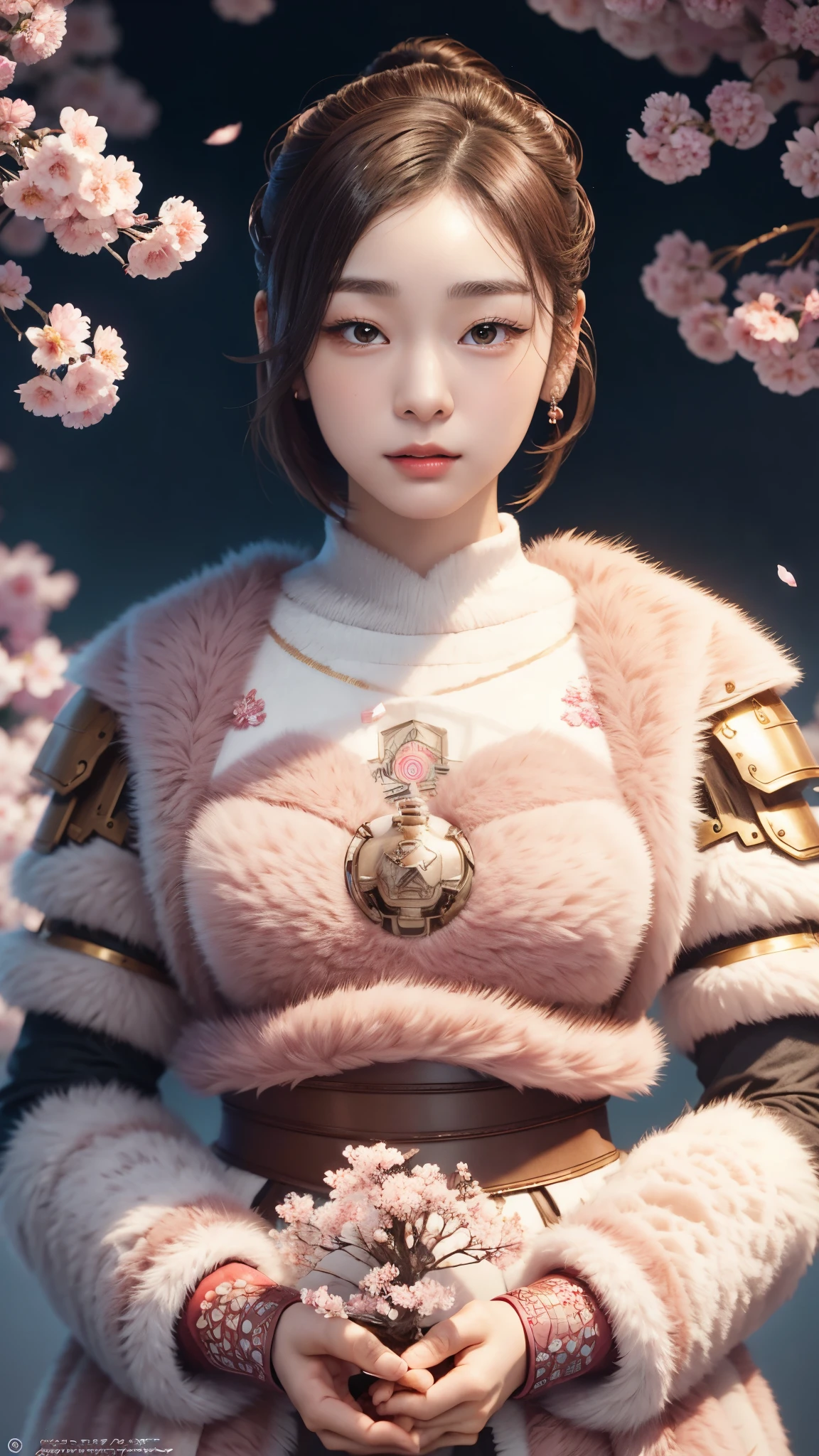 beautiful japanese young woman, wearing cyborg armor, thick symmetrical features, very short hair, background is cherry blossoms, pink aura, red lips, octane render,