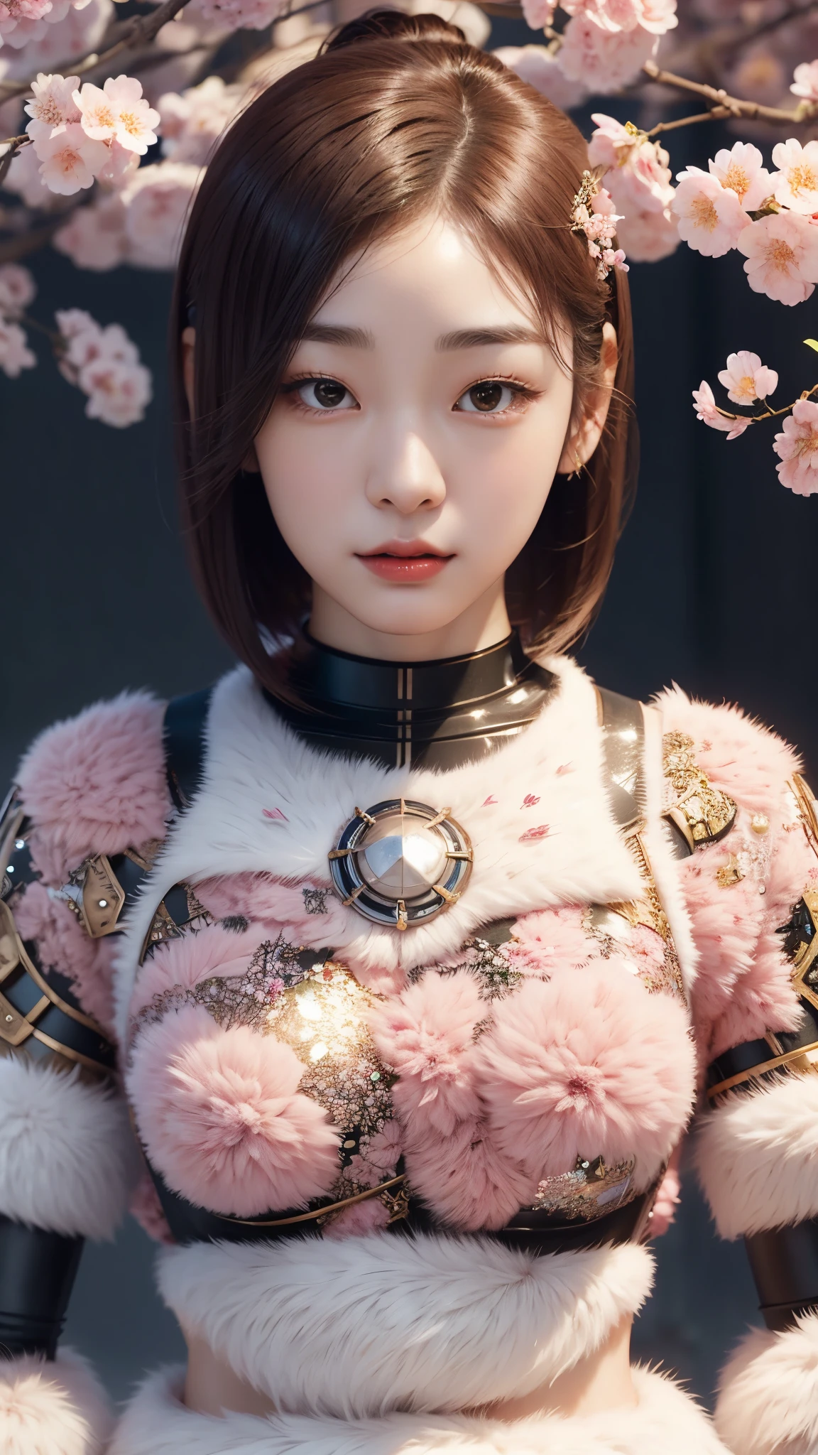 beautiful japanese young woman, wearing cyborg armor, thick symmetrical features, very short hair, background is cherry blossoms, pink aura, red lips, octane render,