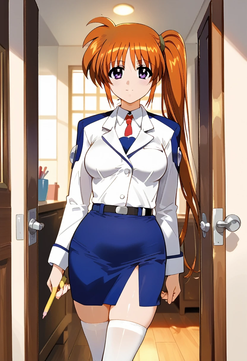 score_9, score_8_up, score_7_up, score_6_up, score_5_up, score_4_up, BREAK uncensored, official art, official style,anime_screencap , anime coloring ,dbj , qqx, cch, zjw , 1girl ,takamachi nanoha,long hair,red hair,purple eyes ,side ponytail , large breasts, sexy breasts ,military uniform,pencil skirt,blue skirt,white thighhighs,long sleeves, looking at viewer ,lean against a door