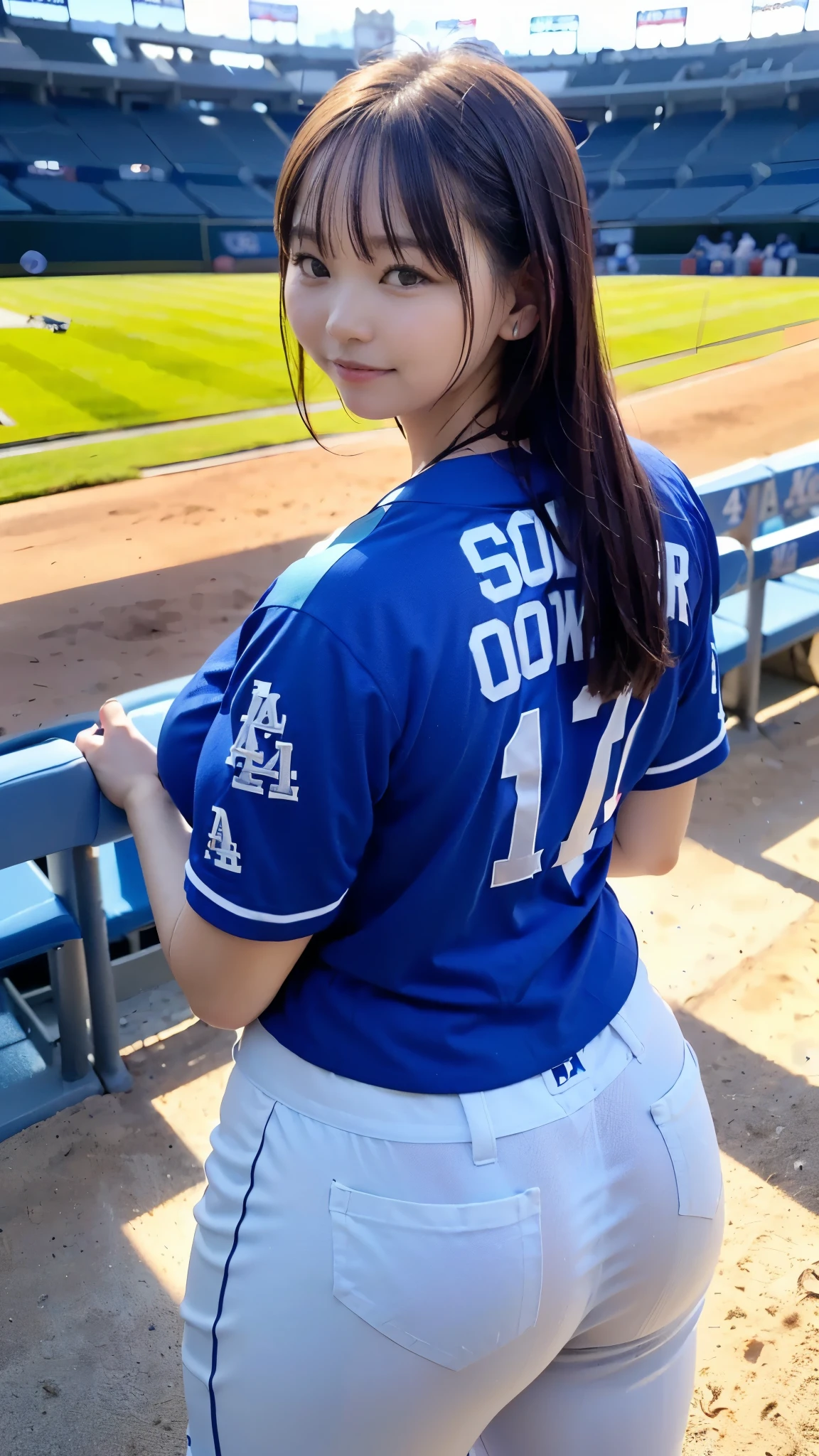 Best Quality,masterpiece, super high definition, highdefinition RAW color photo, professional photography, natural skin texture, fine skin, hyperrealism , Japanese Female,(smile,Big Breasts,gigantic ass, long hair,turn around),(((Watching baseball,Dodger Stadium, Dodgers uniform,Number 17))))