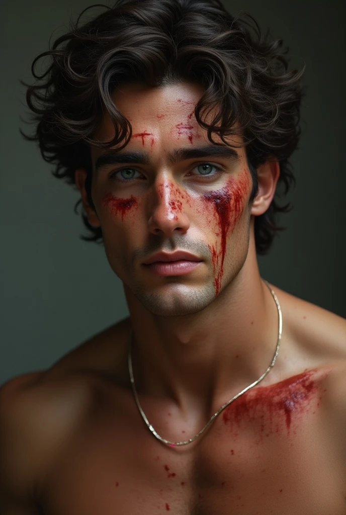 Arafed man with bloody face and wet black hair., bloody face, Finn Wolfhard, hyperrealistic aesthetic, ark album cover, blood on clothes and face, Zac Retz, Declan McKenna, Timothée Chalamet, attractive man with defined features and blood on his face, JUNGKOOK FROM BTS, wet black hair