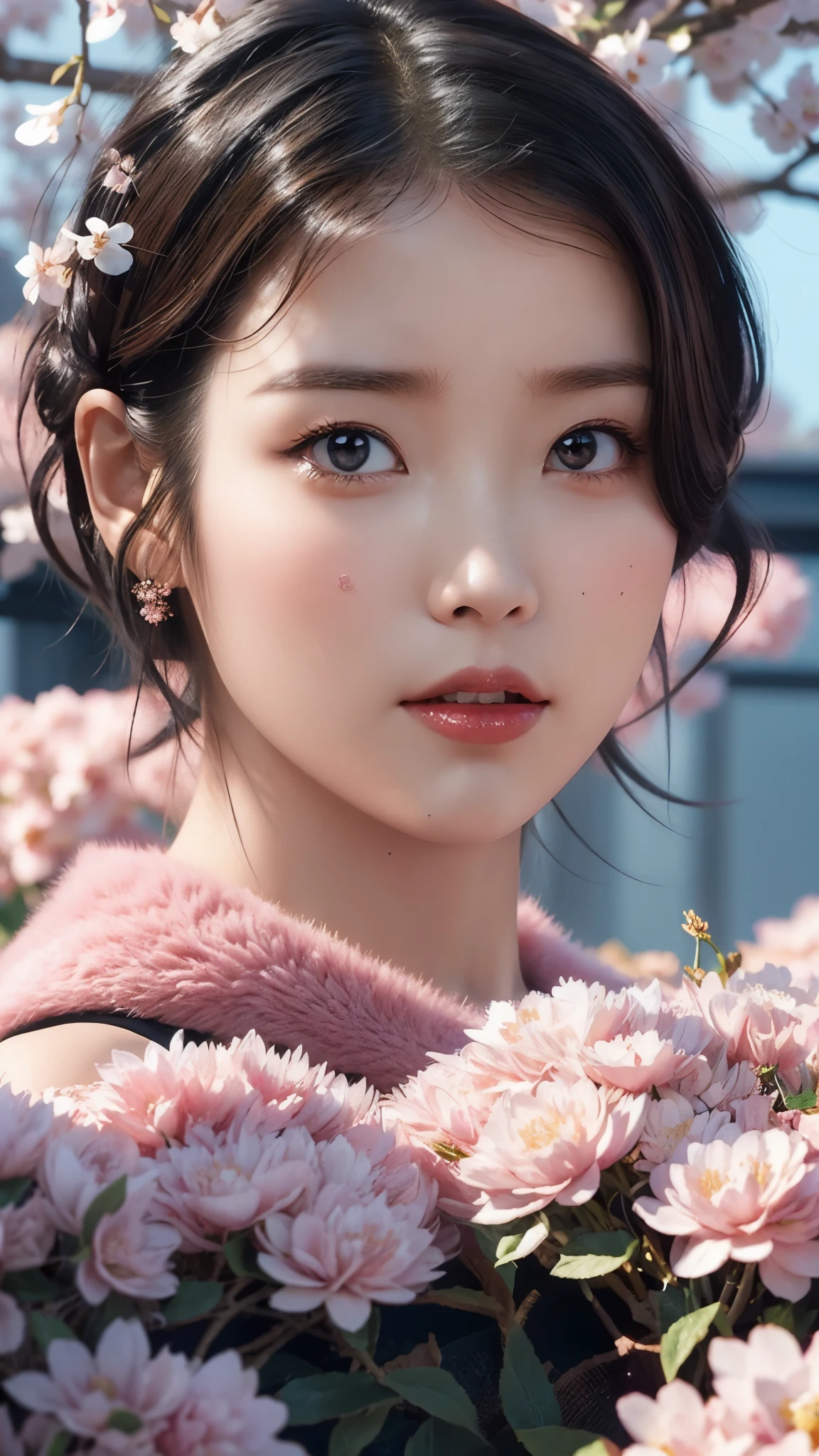 beautiful japanese young woman, wearing cyborg armor, thick symmetrical features, very short hair, background is cherry blossoms, pink aura, red lips, octane render,