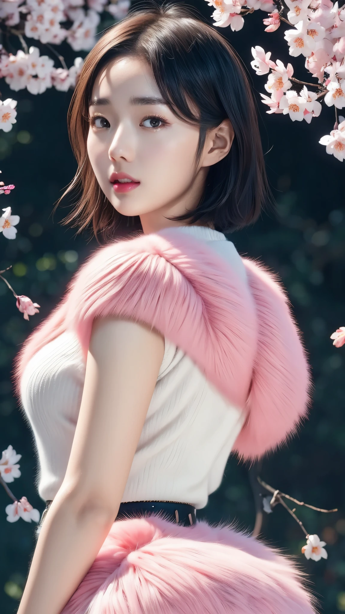 beautiful japanese young woman, wearing cyborg armor, thick symmetrical features, very short hair, background is cherry blossoms, pink aura, red lips, octane render,