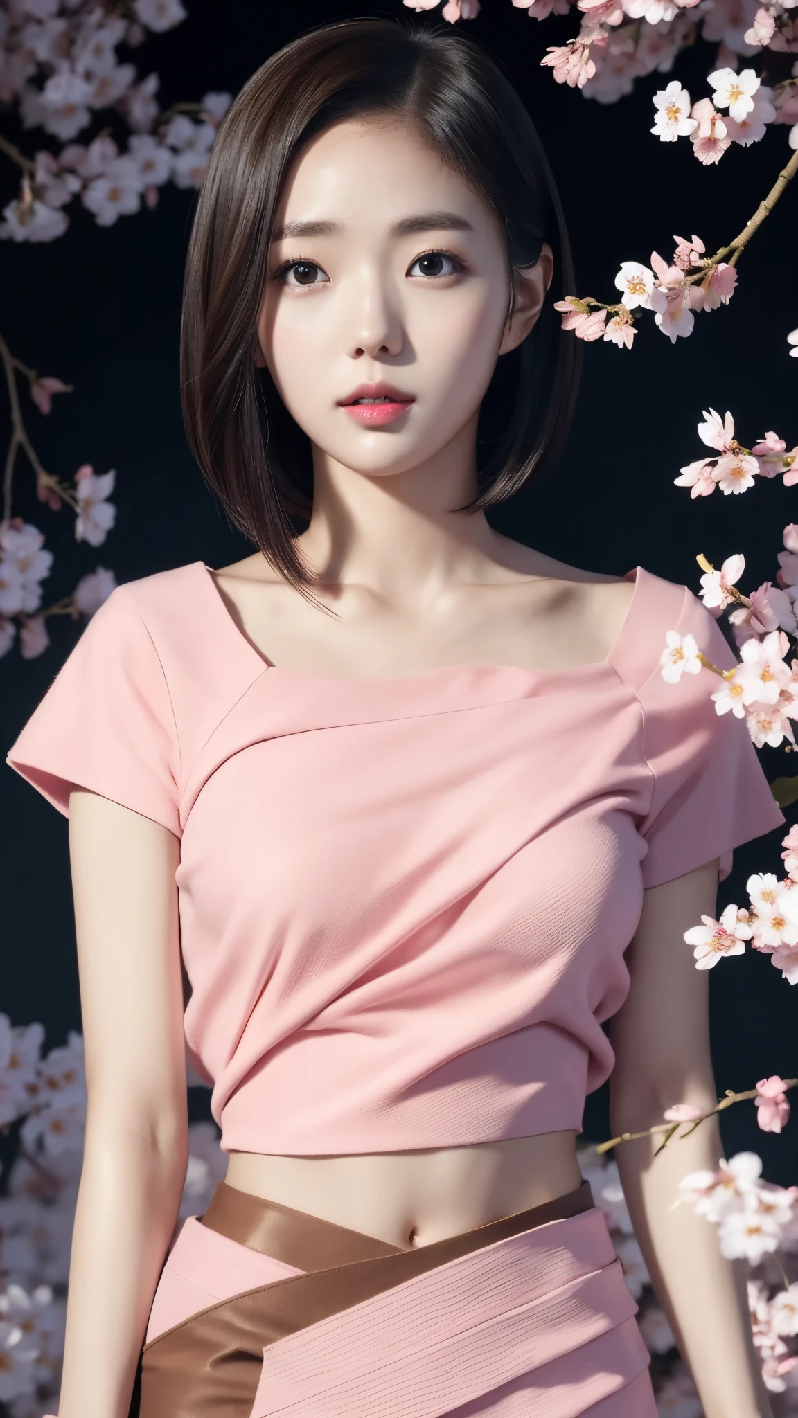 beautiful japanese young woman, wearing cyborg armor, thick symmetrical features, very short hair, background is cherry blossoms, pink aura, red lips, octane render,