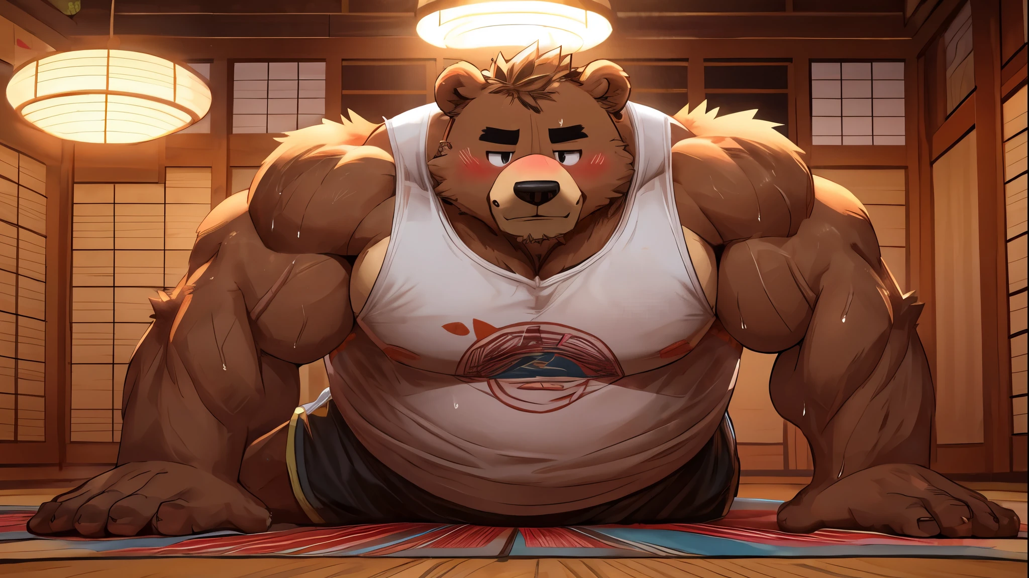 Best quality, masterpiece, ultra high res,detailed gym background,realistic,illustration,solo, 1 guy,size growth,giantic,bear,furry,muscular male,exaggeratedly muscular, gym shorts, ripped body, ripped quads,muscular,volumetric lighting,depth of motivation 