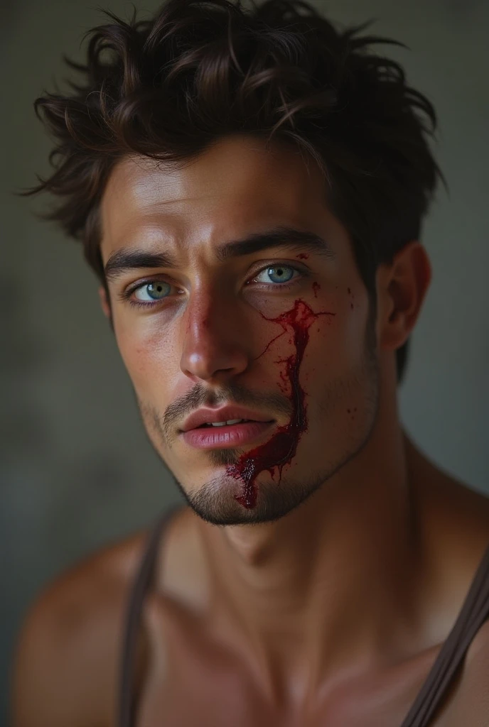 Make a handsome shirtless man with sticky on parts of his face and his mouth open