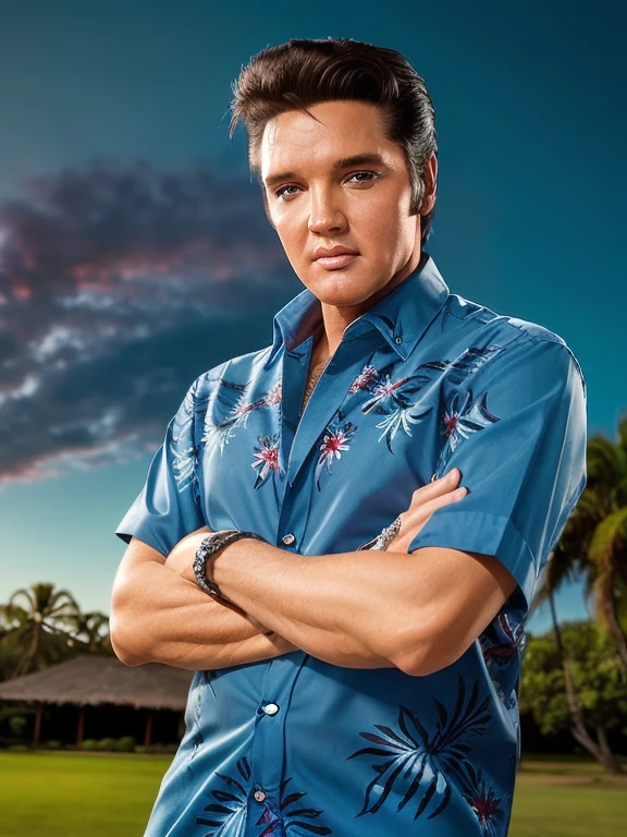 eptheking fullbody photo of elvis presley man wearing blue aloha shirt, standing with his arms crossed, sky in the background, professional photography, digital photography, high quality, high resolution, intricate details, very sharp, detailed face, detailed skin, nice bokeh 