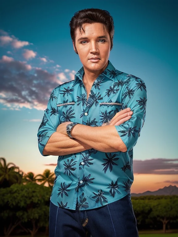 eptheking fullbody photo of elvis presley man wearing blue aloha shirt, standing with his arms crossed, sky in the background, professional photography, digital photography, high quality, high resolution, intricate details, very sharp, detailed face, detailed skin, nice bokeh 