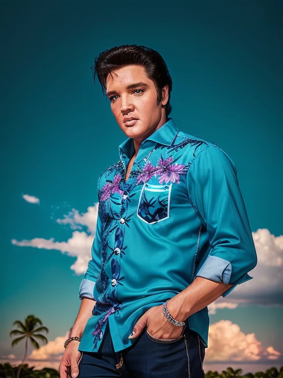 eptheking fullbody photo of elvis presley man wearing blue aloha shirt, standing with his arms crossed, sky in the background, professional photography, digital photography, high quality, high resolution, intricate details, very sharp, detailed face, detailed skin, nice bokeh 