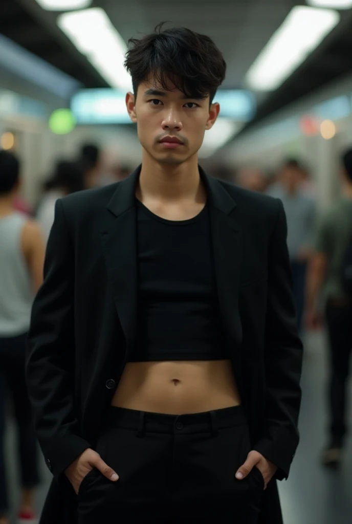Real photo style、Realistic、Cute handsome man、Idol face、、Japanese、Slim body、Mash Hair、Completely naked、Full nudity、Six-pack、A crowded train、Yellow and black striped tiny bikini、Huge bulge
