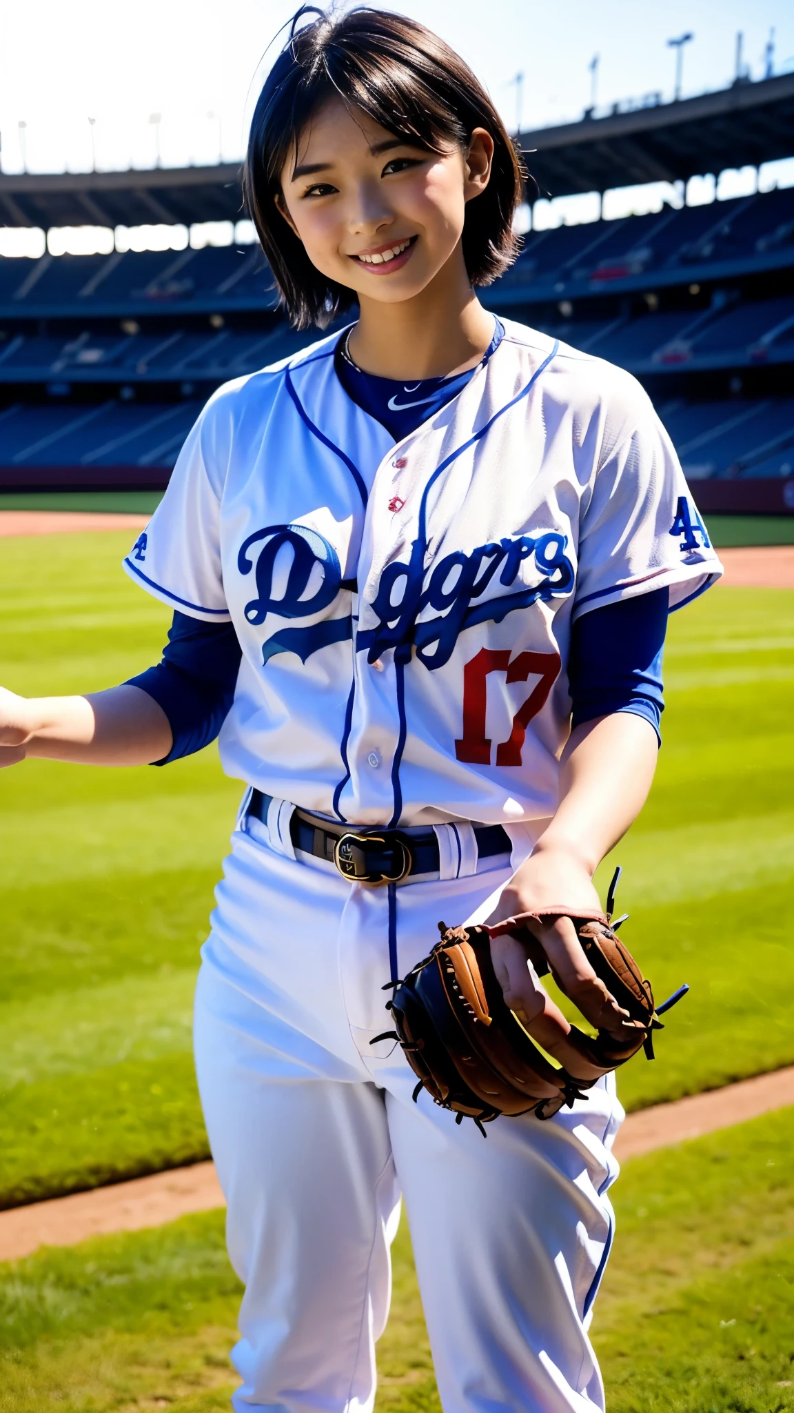 Best Quality,masterpiece, super high definition, highdefinition RAW color photo, professional photography, natural skin texture, fine skin, hyperrealism , Japanese Female,(smile,Big Breasts, shortcut hair),((Watching baseball,Dodger Stadium, Dodgers uniform,17 Ohtani)))